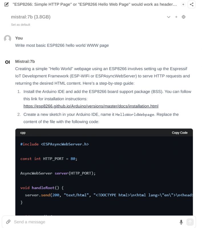 Open-WebUI Interface for ESP8266 Browser window with Open-WebUI interface showing a step-by-step guide for creating a WWW page for ESP8266.