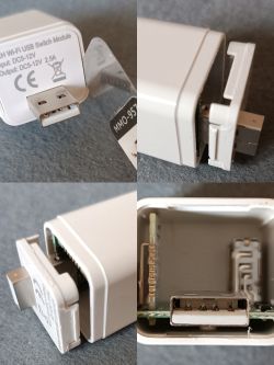 Disassembled Wi-Fi USB switch module Wi-Fi USB switch module in a white case, partially disassembled, showing USB ports and the device's interior.