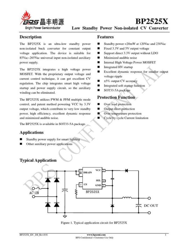 Datasheet page for BP2525X showing features, protection list, and a typical application circuit diagram