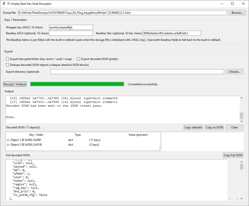 Screenshot of TY simple_flash Key Vault Decryptor with decoded JSON data