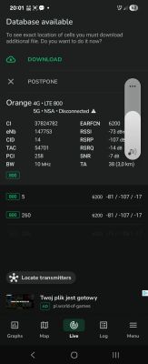Zrzut ekranu aplikacji NetMonster pokazuje parametry sygnału Orange LTE 800 MHz.
