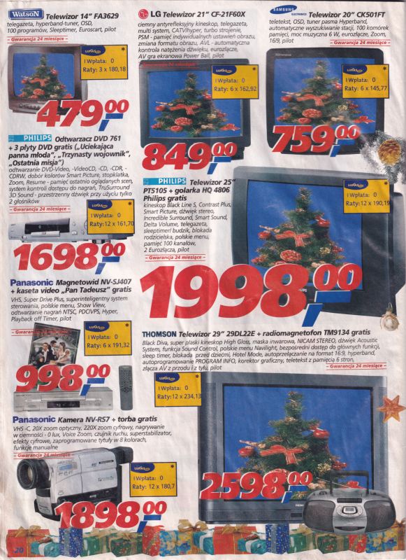 Strona świątecznej gazetki z 2000 r. z telewizorami, odtwarzaczami i kamerą