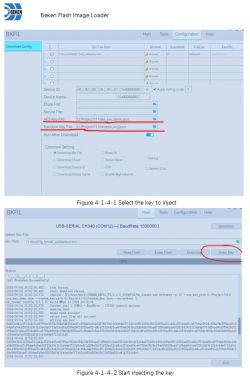 Screenshots of the Beken Flash Image Loader interface highlighting the options to select AES key file and random key file, and the key injection button.