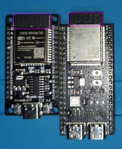 Comparison of two electronic modules, ESP32-WROOM-32D and ESP32S3, on a blue background.