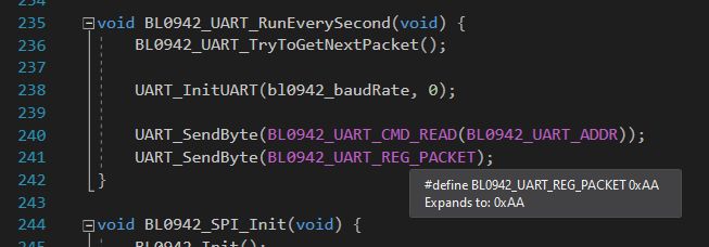 Screenshot showing a code snippet in programming language related to UART for the BL0942 driver.