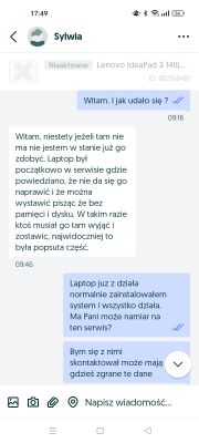 Zrzut ekranu z aplikacji do wiadomości z rozmową dotyczącą naprawy laptopa.