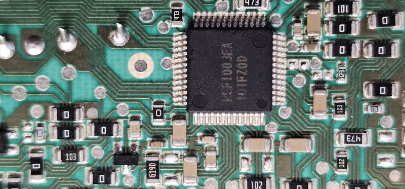 Zbliżenie na układ scalony na zielonej płytce drukowanej z widocznymi elementami elektronicznymi