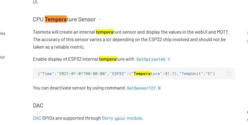 Screenshot of Tasmota documentation with highlighted word temperature