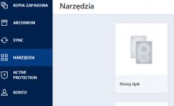 Zrzut ekranu z programu do zarządzania kopiami zapasowymi pokazujący opcję klonowania dysku.