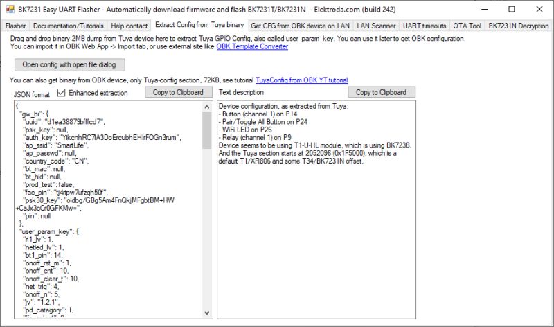 Screenshot of BK7231 Easy UART Flasher showing JSON configuration output and a text description panel
