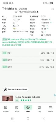 Zrzut ekranu NetMonster: T‑Mobile 4G LTE 2600, parametry sygnału i brak połączenia 5G NSA