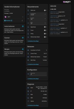 Home Assistant device page showing MQTT info, controls, activity log, and temperature sensor reading