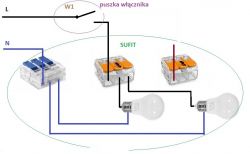Schemat elektryczny przedstawiający połączenie żyrandola z dwoma żarówkami.
