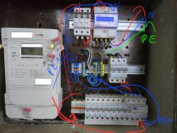 Widok na skrzynkę elektryczną z licznikami i przewodami.
