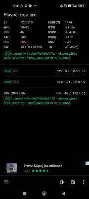 Zrzut ekranu z aplikacji pokazującej parametry sieci 4G LTE