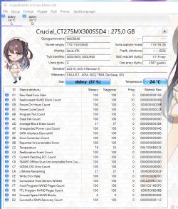 Zrzut ekranu z programu CrystalDiskInfo pokazujący stan dysku SSD Crucial.