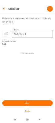 Edit scene screen in a mobile app with options to set a name and icon.