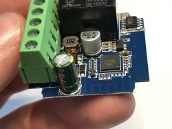 Relay module with SMD components and screw terminal Electronic module with relay, capacitors, and screw terminal