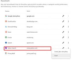 Zrzut ekranu ustawień wyszukiwarki w przeglądarce Chrome z zaznaczoną Yahoo Search do usunięcia.