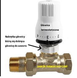 Głowica termostatyczna zamontowana na zaworze z zaznaczoną nakrętką mocującą