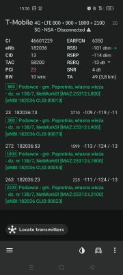 Zrzut ekranu z aplikacji pokazującej parametry sieci T-Mobile w lokalizacji BTS Podawce.
