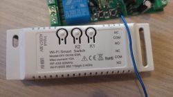 Close-up of a Wi-Fi Smart Switch DIY-DC02-EWL with visible labels and connectors.
