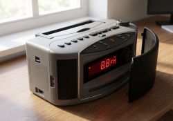 Boombox with LED display tuned to 88 FM on wooden surface near window