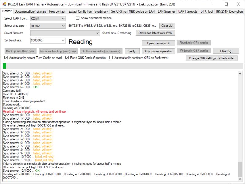 BK7231 Easy UART Flasher window with flash read and sync error messages.