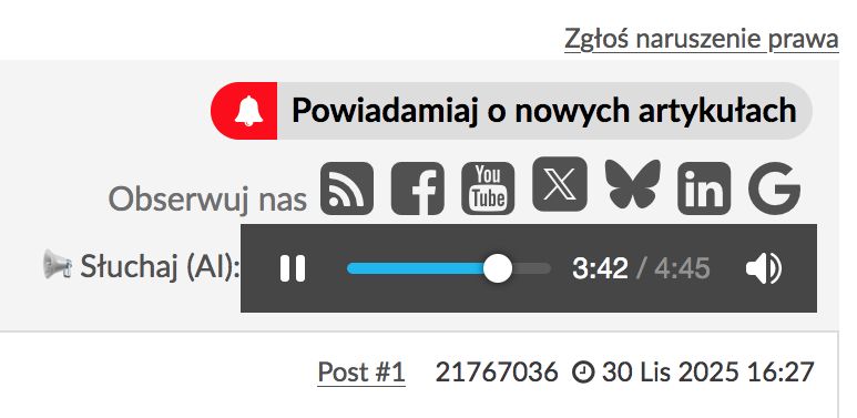 Odtwarzacz audio online z postem użytkownika i ikonami mediów społecznościowych