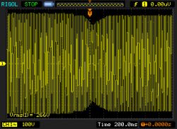 Oscilloscope Signal with Disturbances Oscilloscope screen displaying a voltage signal with many noises and disturbances.
