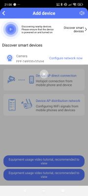 App screen for adding a device, camera with ID FFF-249530-GDVHI is detected