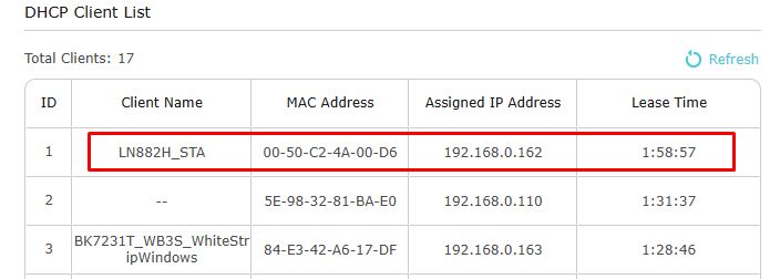 DHCP Client List with LN882H_STA Device DHCP client list showing LN882H_STA device with assigned IP address.