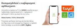 Person holding a smartphone with the Woox logo, next to logos of the Tuya and SmartLife apps.