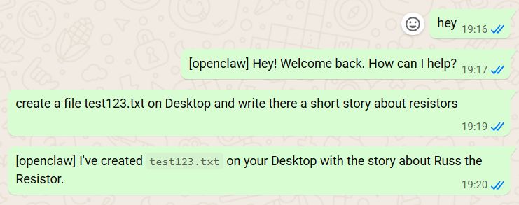 WhatsApp chat showing OpenClaw creating a text file with a resistor story