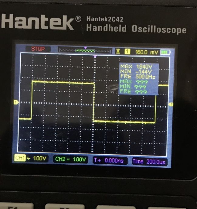 500 Hz PWM Measurement on Hantek2C42 Oscilloscope Hantek2C42 oscilloscope screen showing a 500 Hz square waveform