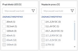 Lista filtrów parametrów LED: prąd i napięcie pracy diody w miliamperach i woltach