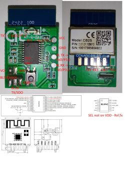 Front and back of a green PCB with a CB2S module, red pin labels, and pinout/diagram drawings below