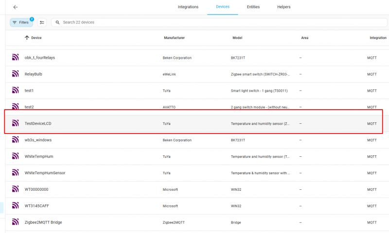 User interface showing a list of devices connected to the Zigbee2MQTT system.