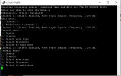 Console Interface of Signal Generator in PuTTY View of PuTTY console with text interface of the signal generator.