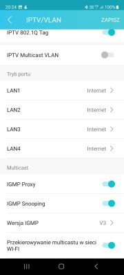 TP-LINK router IPTV/VLAN setup screen showing LAN port and multicast settings.