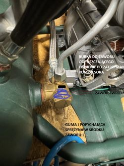 Zawór zwrotny kompresora z oznaczeniami części.