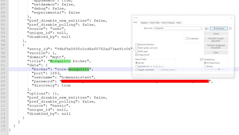 Screenshot of Mosquitto Configuration in core.config_entries File Screenshot of a text editor with an open file showing Mosquitto configuration in Home Assistant.