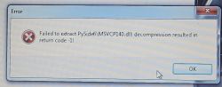 Okno błędu Windows: „Failed to extract PySide6\MSVCP140.dll… return code -1”.