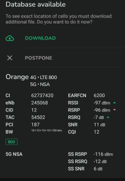 Zrzut ekranu z aplikacji diagnostycznej sieci komórkowej pokazujący parametry połączenia 4G LTE i 5G NSA w sieci Orange.