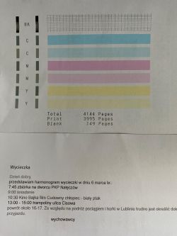 Strona testowa wydruku z drukarki Canon Pixma G2411 z tekstem i kolorowymi paskami