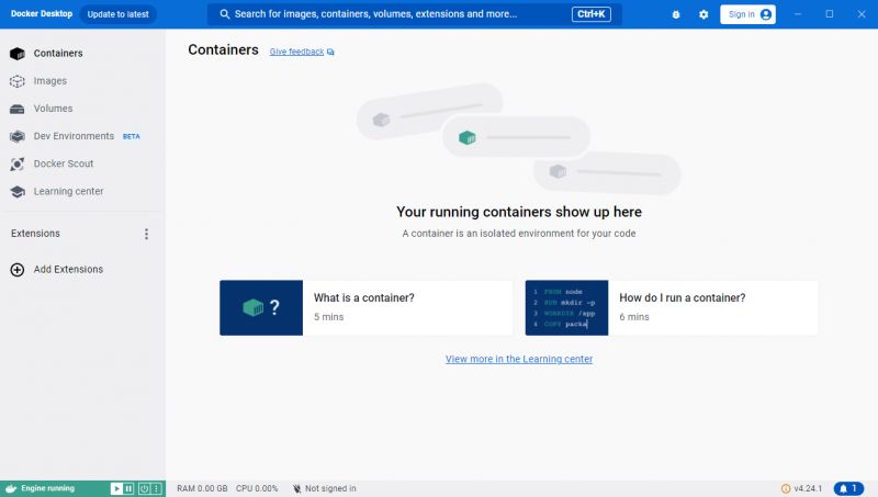 Docker Desktop Main Panel Docker Desktop main panel with the containers section visible.
