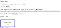 OTA interface with file upload field and chipset version details displayed