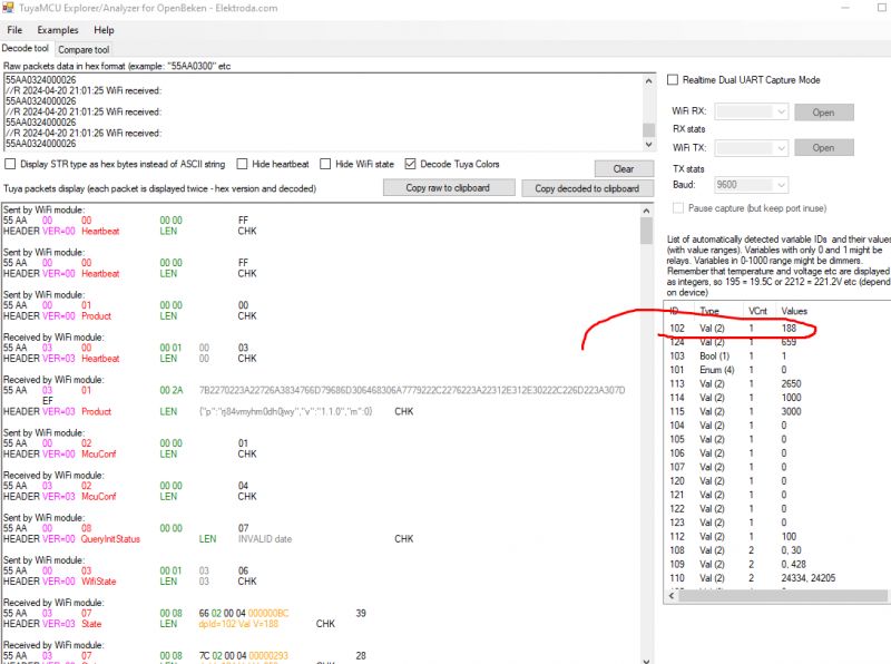 UART Packet Analysis in TuyaMCU Explorer TuyaMCU Explorer screen with UART data