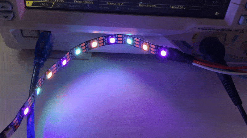 WS2812B LED Strip and Oscilloscope with ESP32 Flashing WS2812B LED strip connected to an oscilloscope with ESP32.