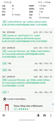 Zrzut ekranu z aplikacji diagnostycznej sieci komórkowej pokazujący różne parametry sygnału i lokalizacje BTS.
